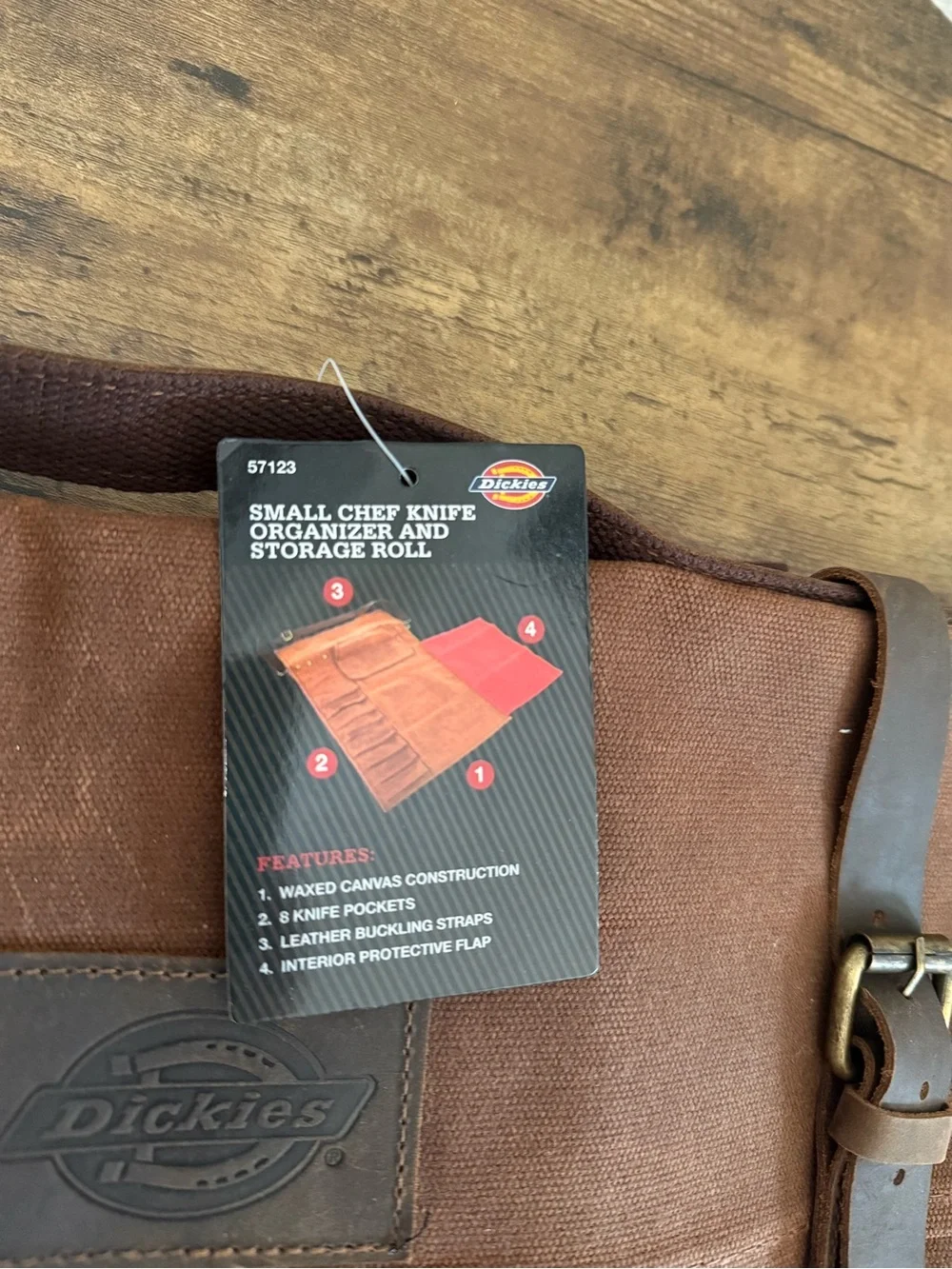 Dickies Brown Canvas Roll-Up Chef Knife Organizer and Storage Roll Leather Strap